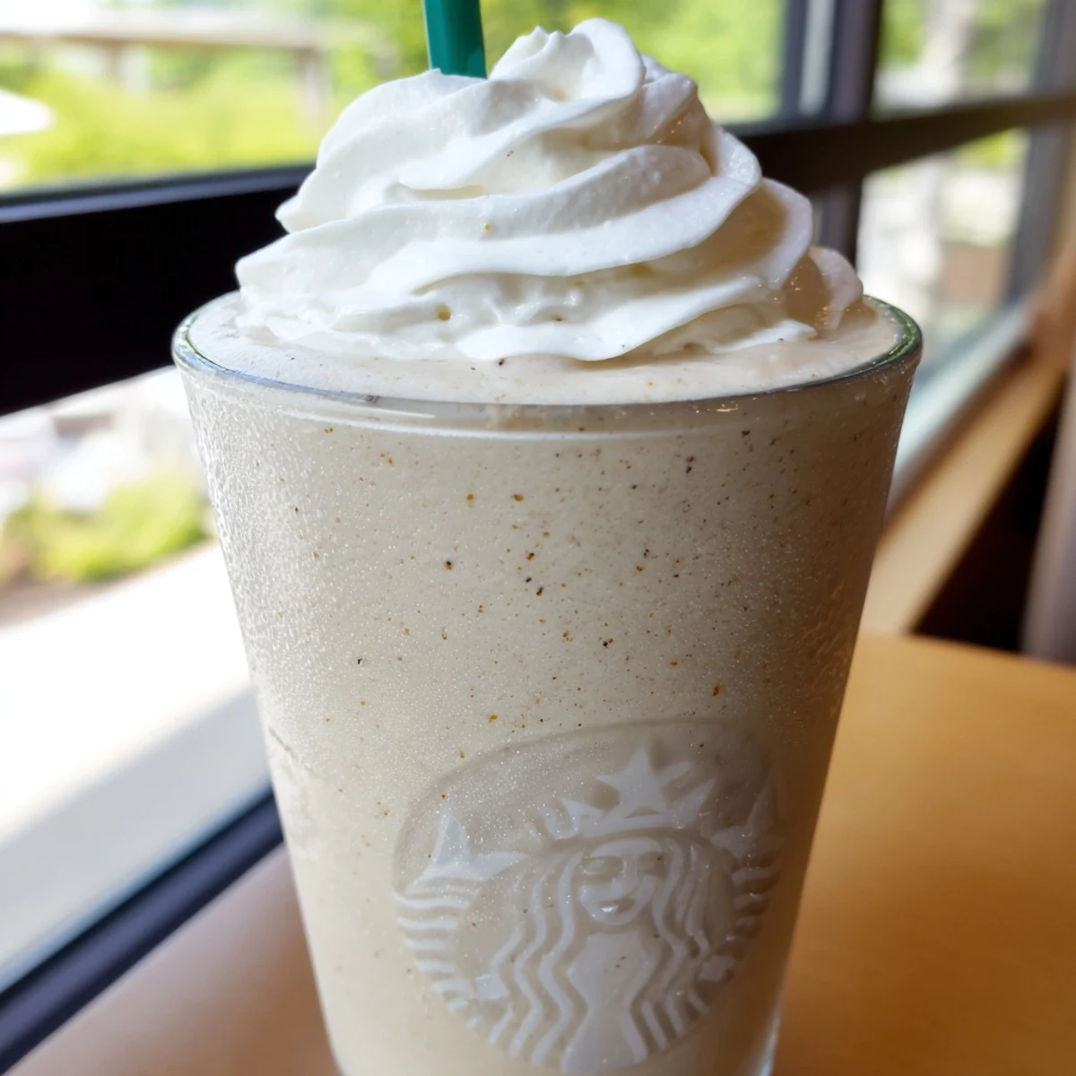 Homemade Starbucks Vanilla Bean Frappuccino garnished with whipped cream, ready to enjoy as a refreshing, creamy beverage.