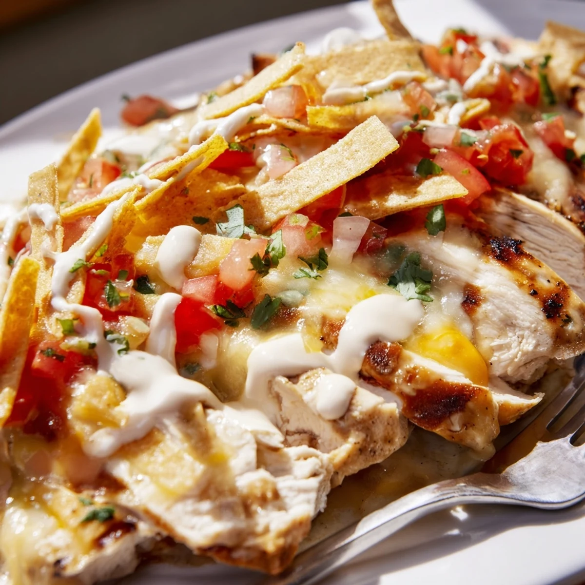 Juicy Fiesta Lime Chicken with melted cheese and tangy Mexi-ranch sauce on a festive platter.