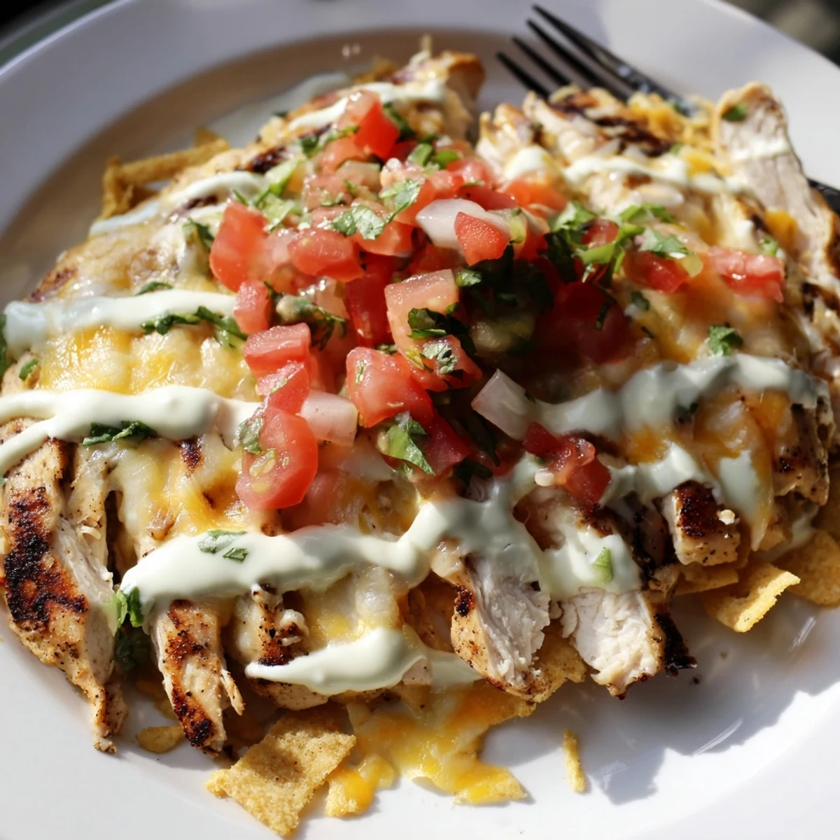 Grilled Fiesta Lime Chicken topped with pico de gallo and crunchy tortilla strips served fresh.