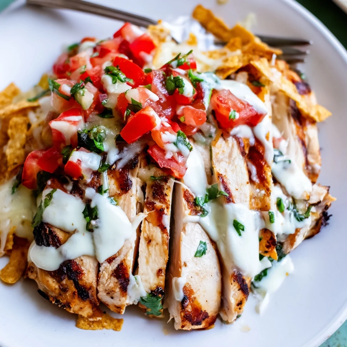 Golden Fiesta Lime Chicken broiled with cheese, garnished with lime wedges and a colorful side salad.