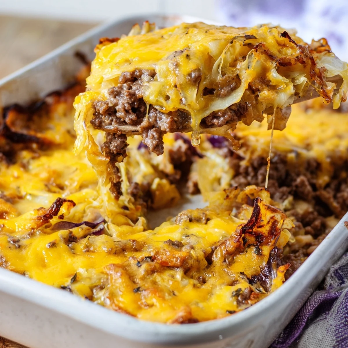 Golden, crispy roasted cabbage rounds layered with savory seasoned ground beef and melted cheddar cheese in a bubbling Easy Crispy Cabbage Burger Bake.