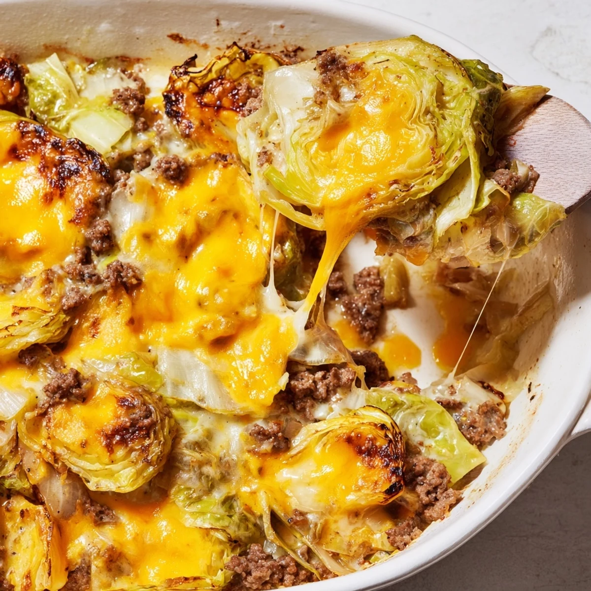The Easy Crispy Cabbage Burger Bake served hot from the oven, featuring layers of beef and crispy cabbage garnished with pickles and sesame seeds.