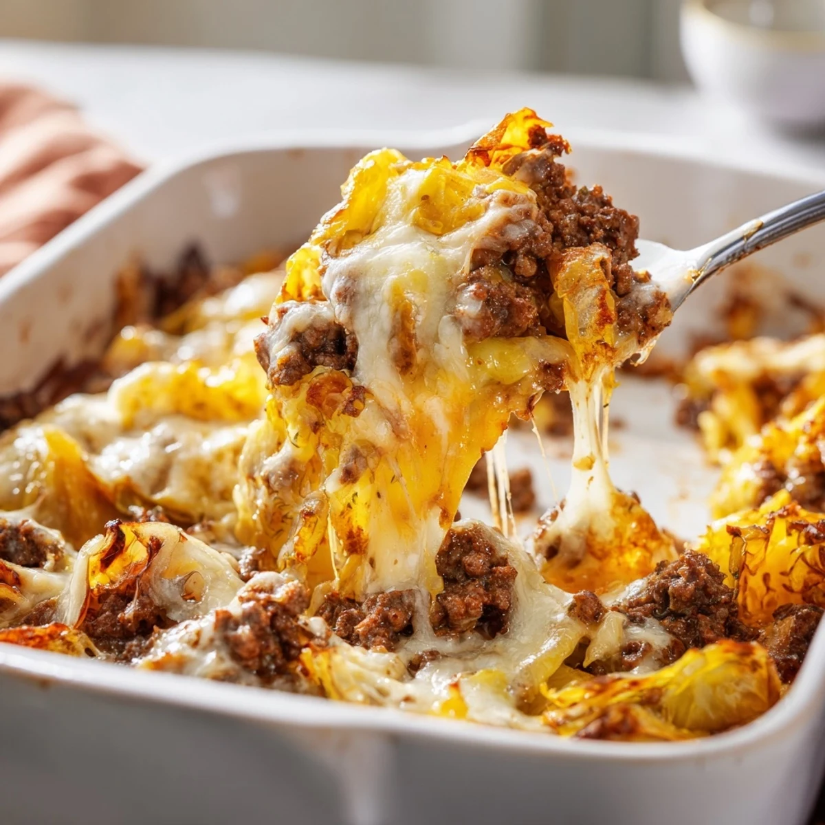 A close-up of the Easy Crispy Cabbage Burger Bake, showing a hearty casserole topped with melted cheese and fresh green onions.
