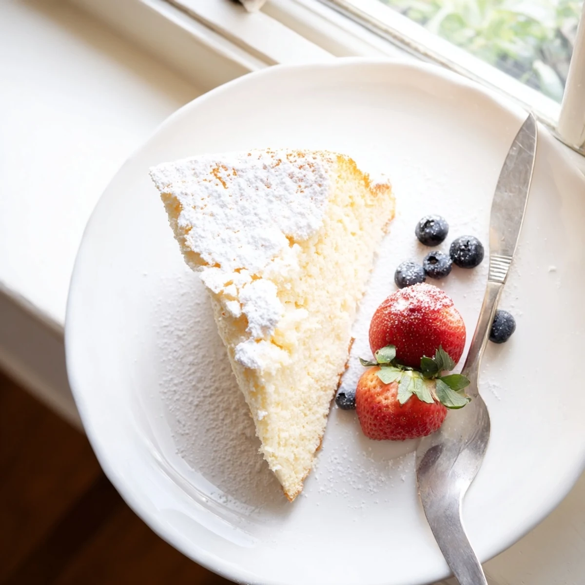 A slice of Fluffy Yogurt Cloud Cake dusted with powdered sugar on a white plate.