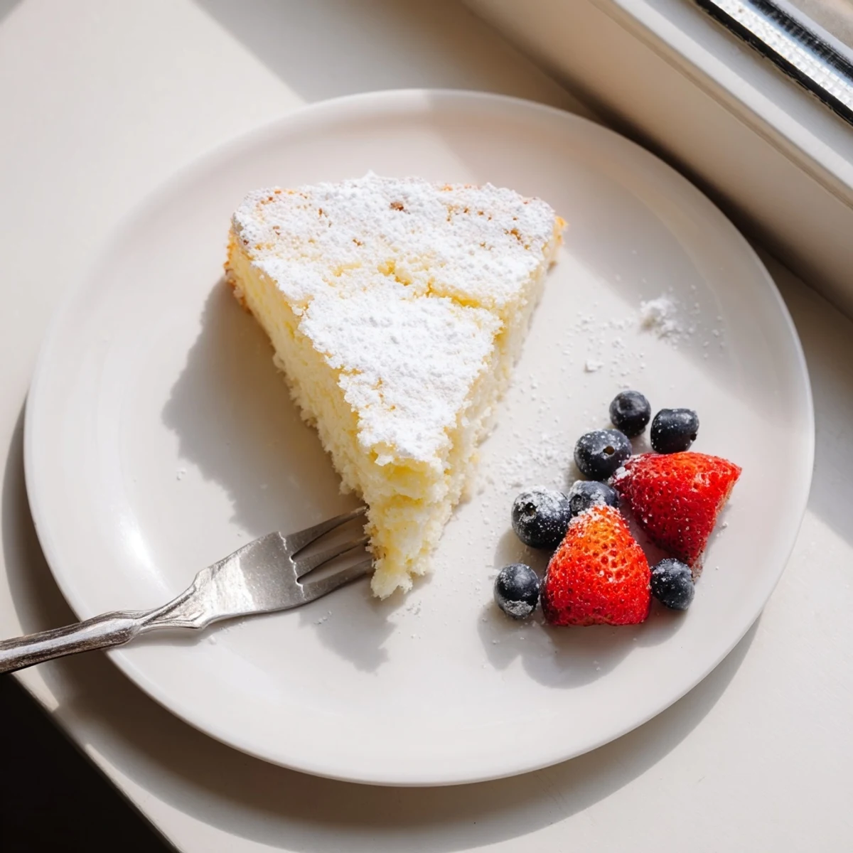 Fluffy Yogurt Cloud Cake served with fresh berries on a rustic wooden table.
