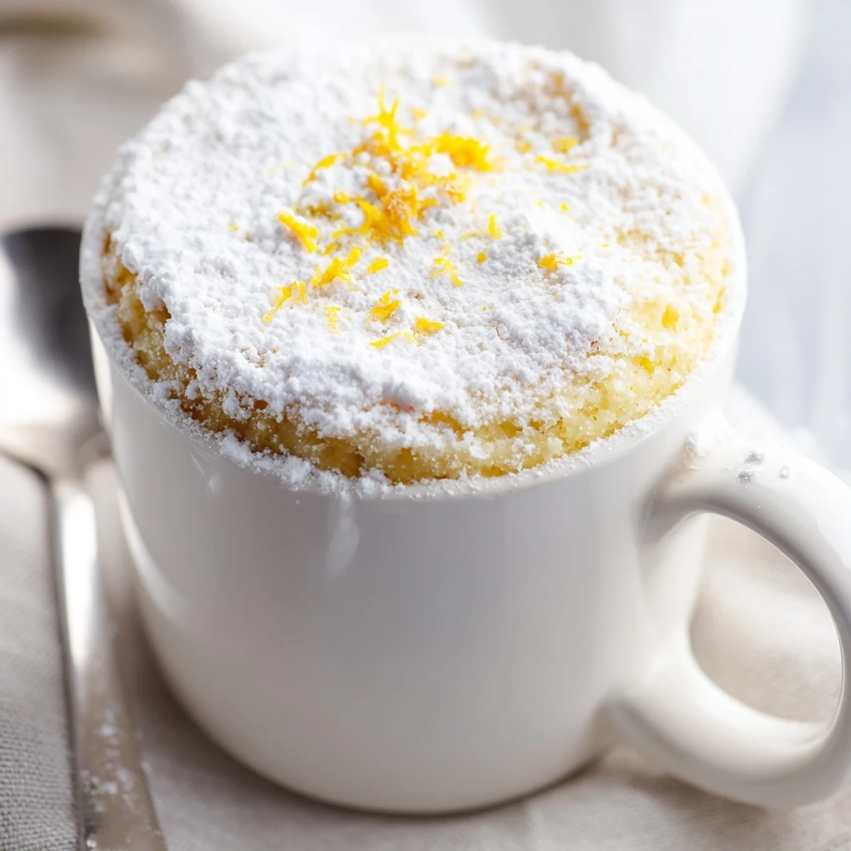 A close-up of the golden-brown Lemon Cottage Cheese Mug Cake, garnished with lemon zest and a dusting of powdered sugar.