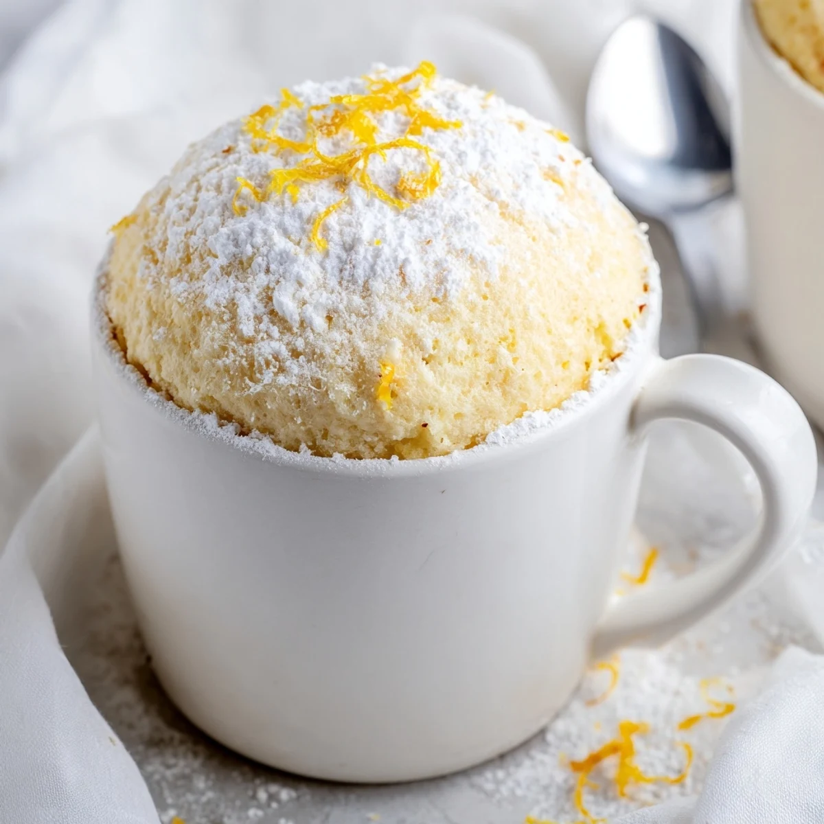 Steaming Lemon Cottage Cheese Mug Cake topped with a dollop of yogurt and a slice of lemon, ready to eat.