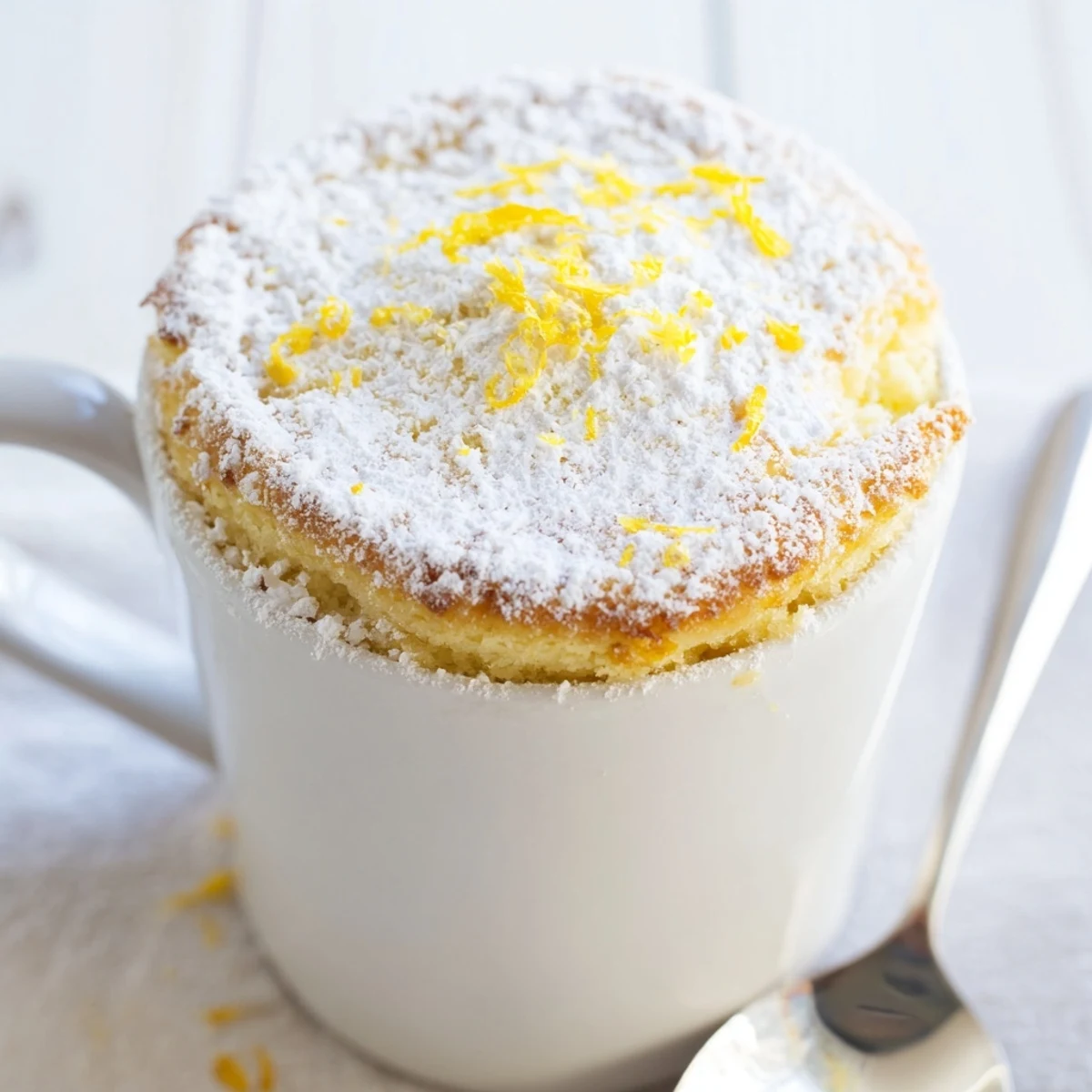 The fluffy interior of a Lemon Cottage Cheese Mug Cake, studded with creamy curds and fresh lemon zest, served warm in a mug.