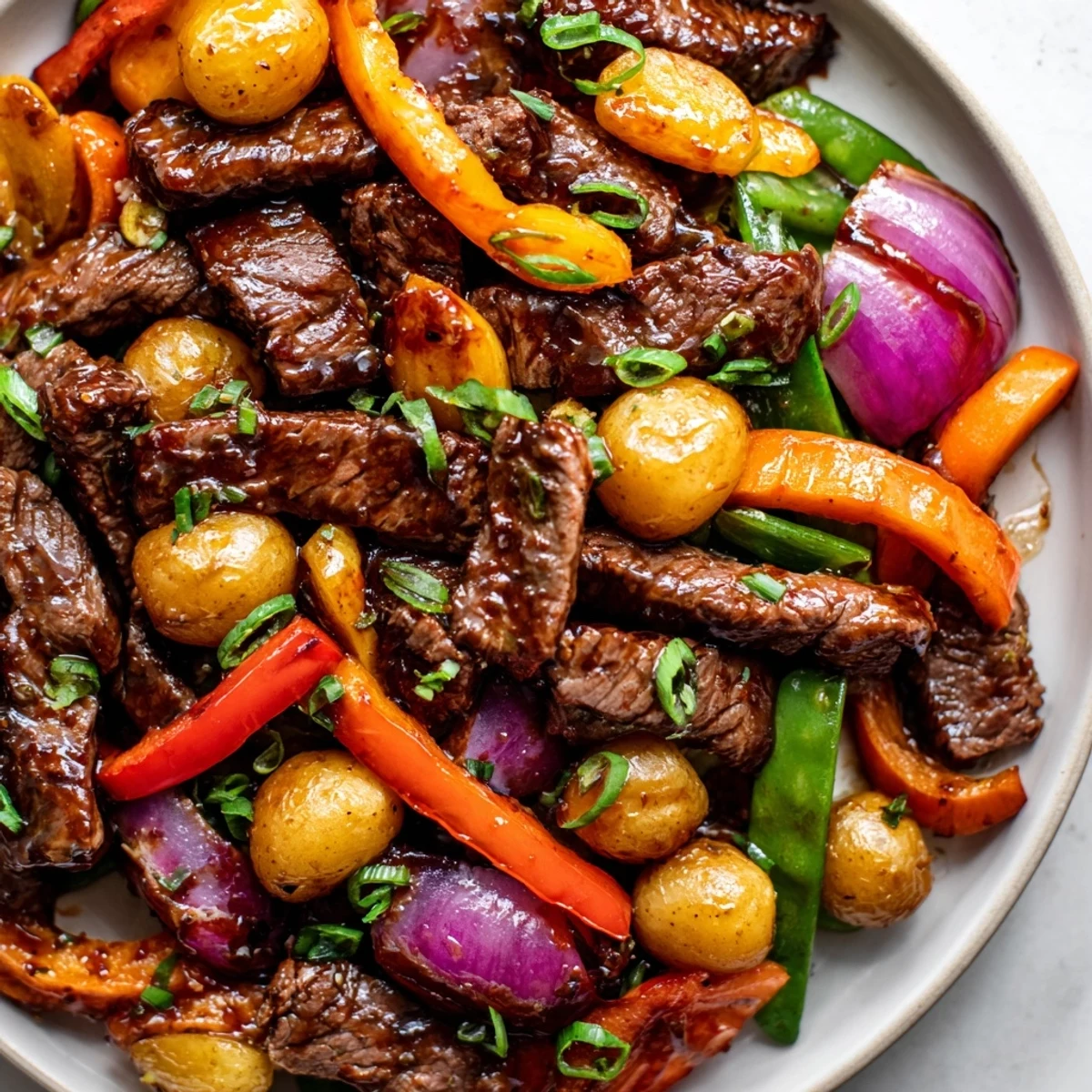 Sizzling Blackstone Cowboy Stir Fry Dinner on a griddle with tender beef, crisp bell peppers, and golden potatoes, finished with fresh cilantro.