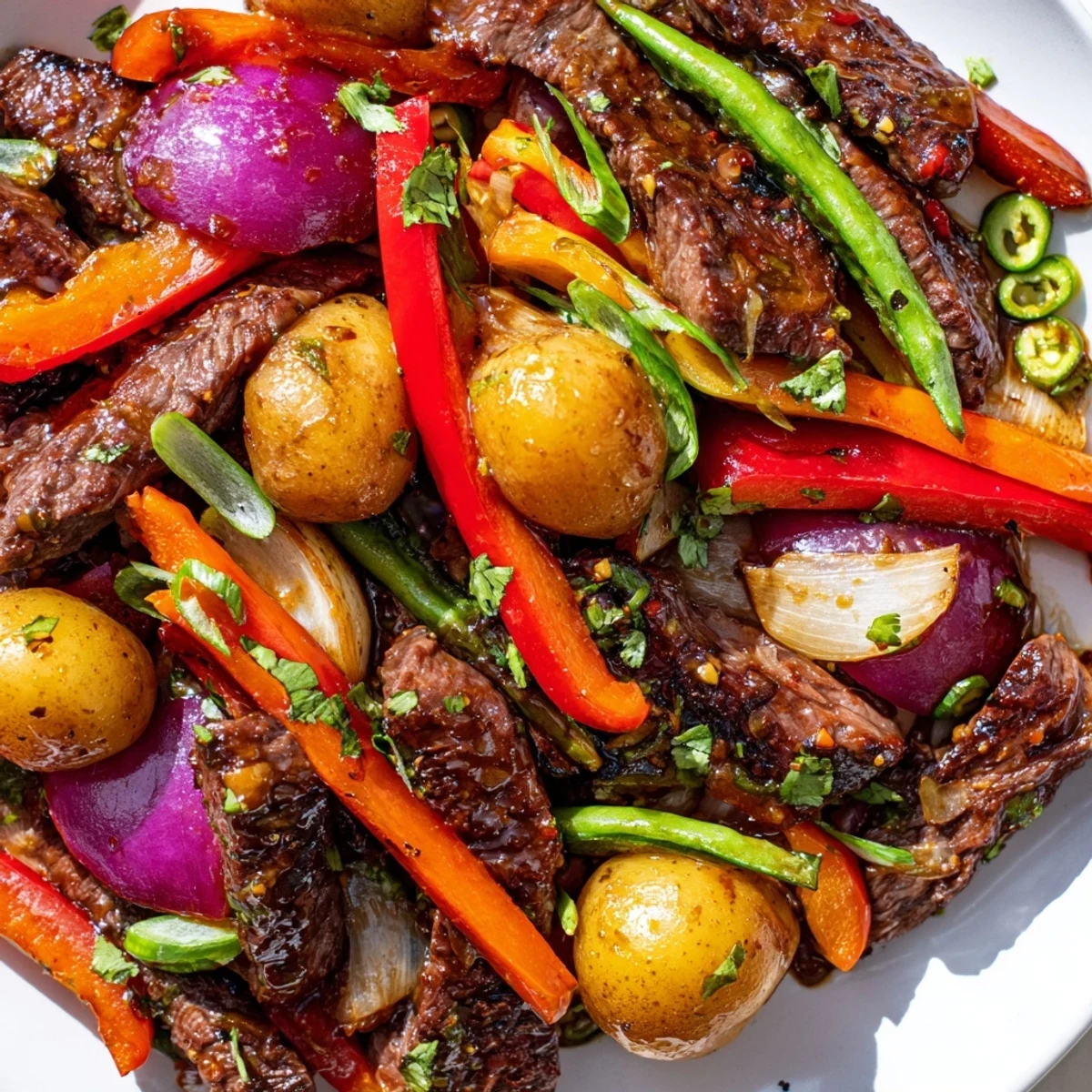 Hearty Blackstone Cowboy Stir Fry Dinner featuring smoky beef and vibrant vegetables tossed in a bold sauce, served family-style on a platter.