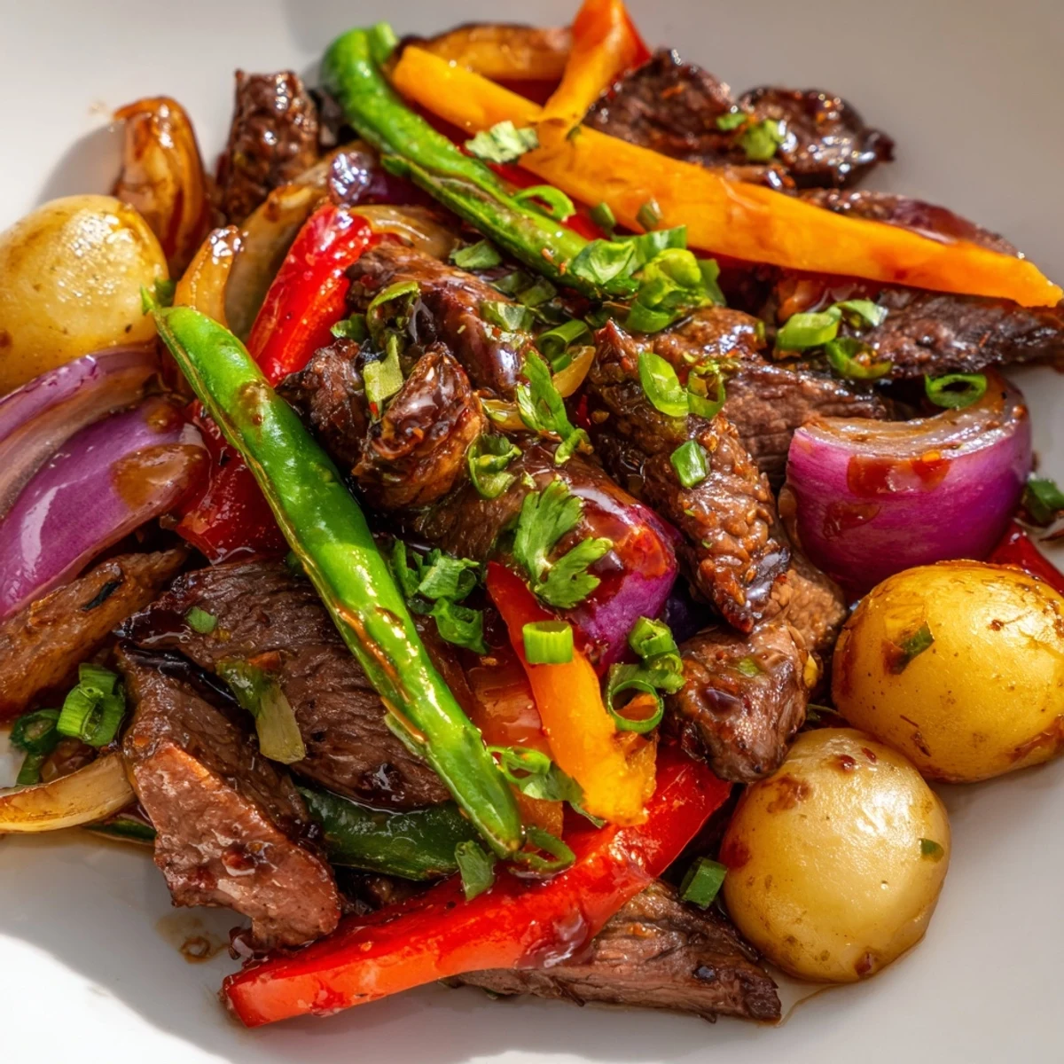 Easy gluten-free Blackstone Cowboy Stir Fry Dinner sizzling on a flat-top, with snap peas, jalapeños, and scallions for a cowboy-inspired meal.
