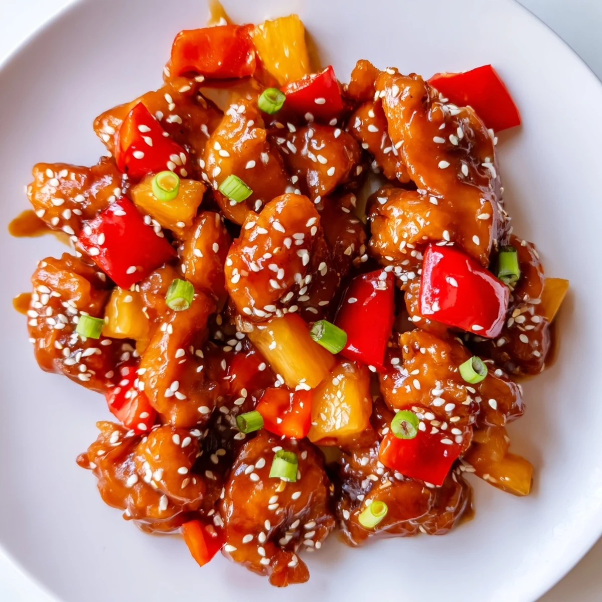 Sticky Pineapple Chicken glazed with a golden sauce and fresh pineapple chunks served over steamed rice.