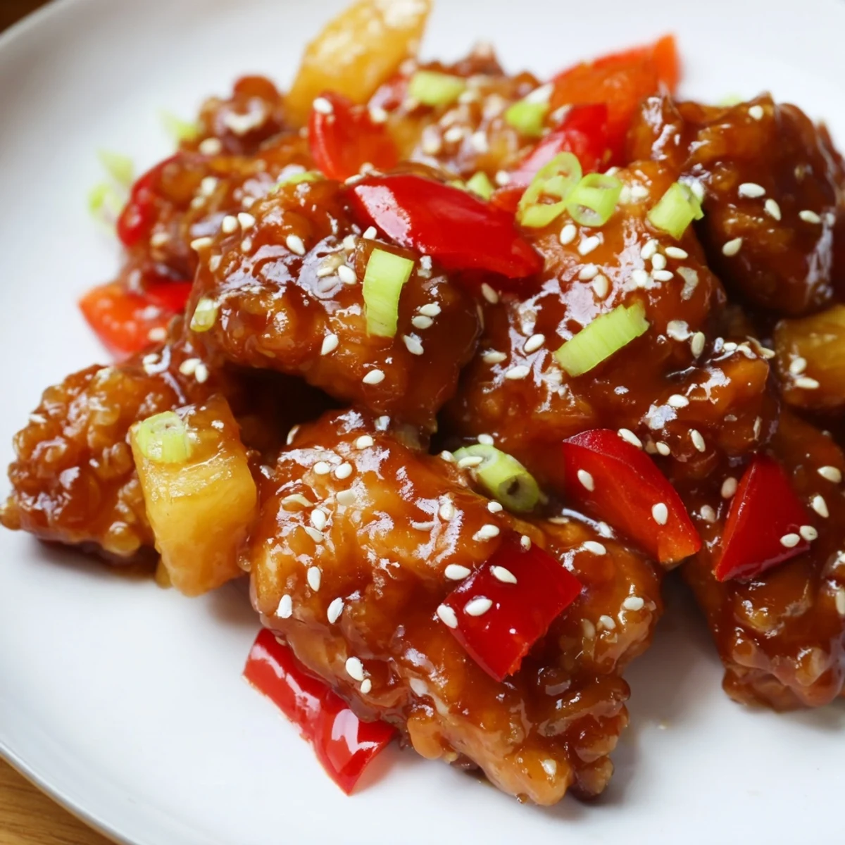 Cubed chicken thighs and red bell pepper coated in sticky sweet tangy pineapple sauce in a skillet.