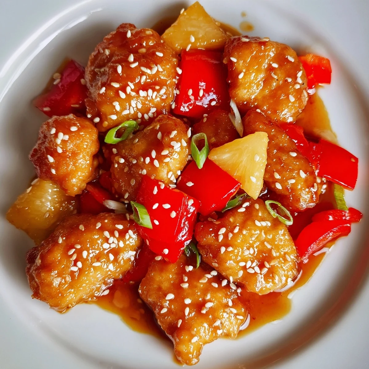 A close-up of Sticky Pineapple Chicken garnished with green onions and sesame seeds on a dinner plate.