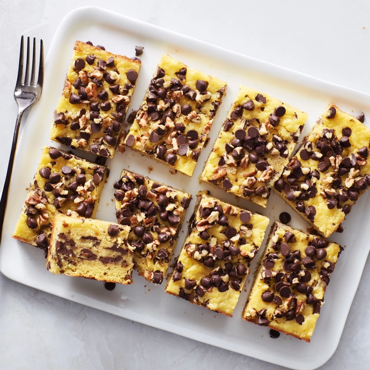 Golden brown Cake Mix Toffee Bars are topped with melted chocolate, crunchy toffee bits, and optional pecans on a rustic table.