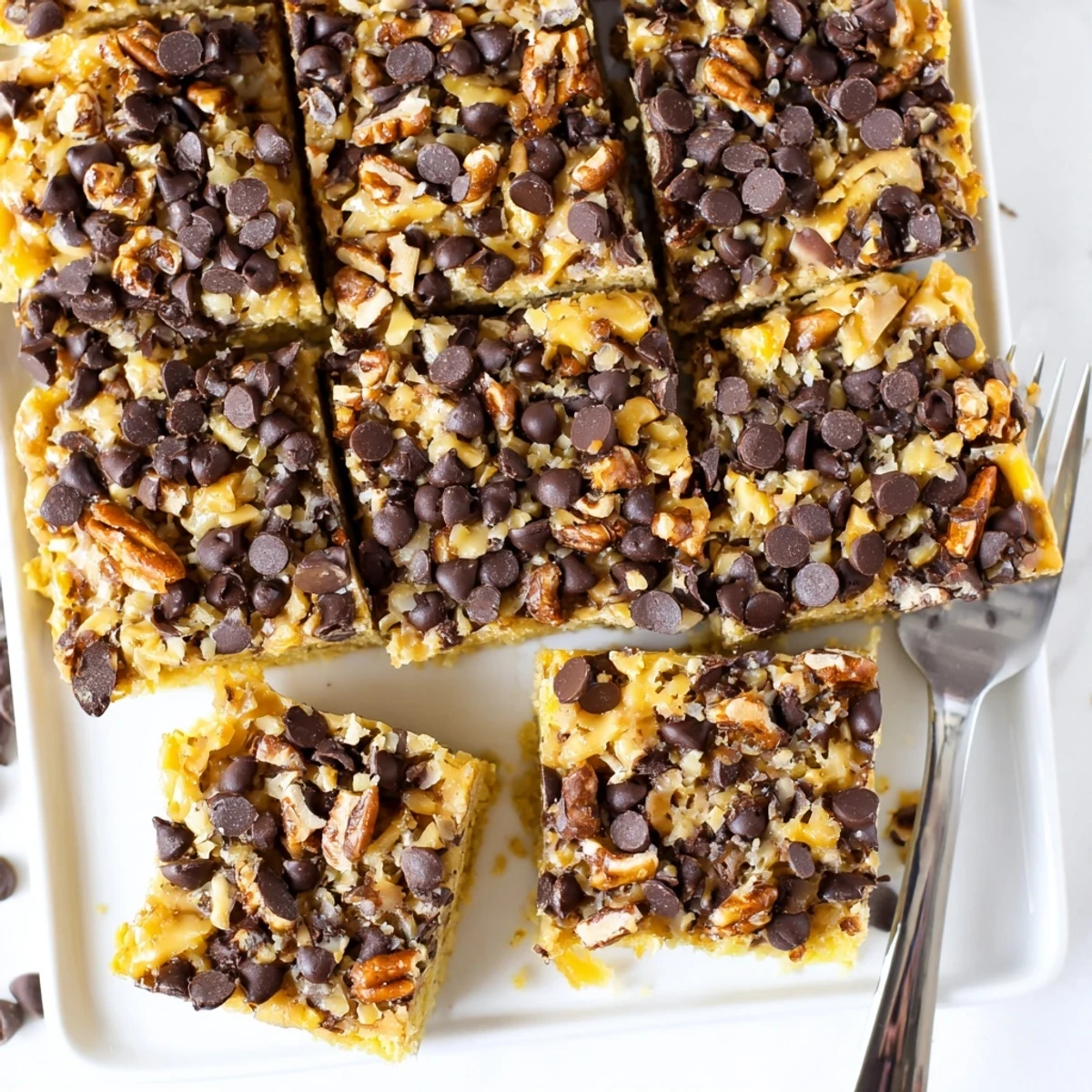 A close up view of freshly baked Cake Mix Toffee Bars showing a chewy texture and rich chocolate layers with pecans.