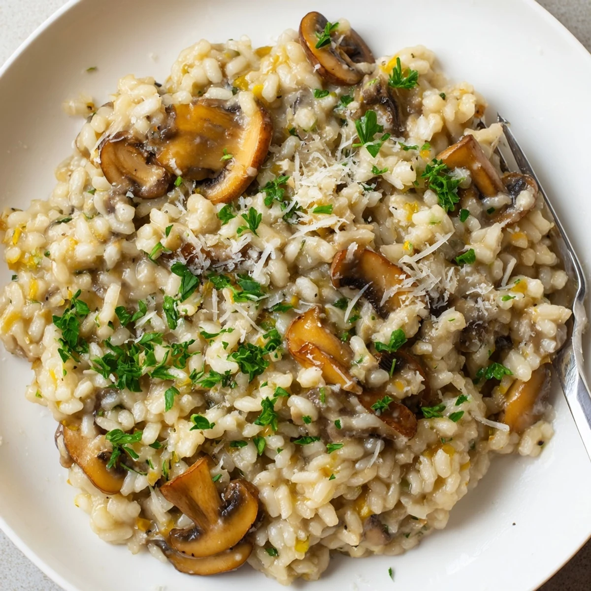 Golden-brown mushrooms and creamy Arborio rice in a white bowl, topped with fresh parsley and extra Parmesan cheese, showcasing Creamy Mushroom Risotto.