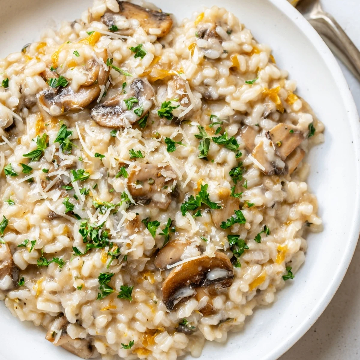 Close-up on the rich Creamy Mushroom Risotto, highlighting the earthy mushrooms and melted Parmesan in a skillet on a rustic wooden table.