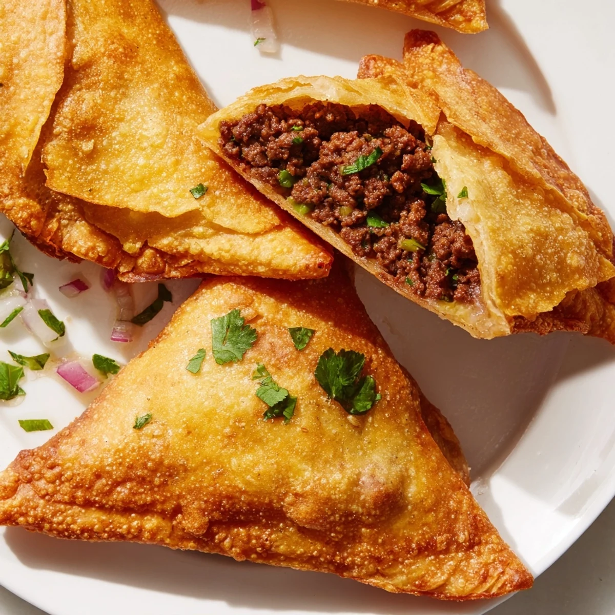 Freshly fried Spiced Meat Sambusas arranged on a platter, ready to be enjoyed as a snack.