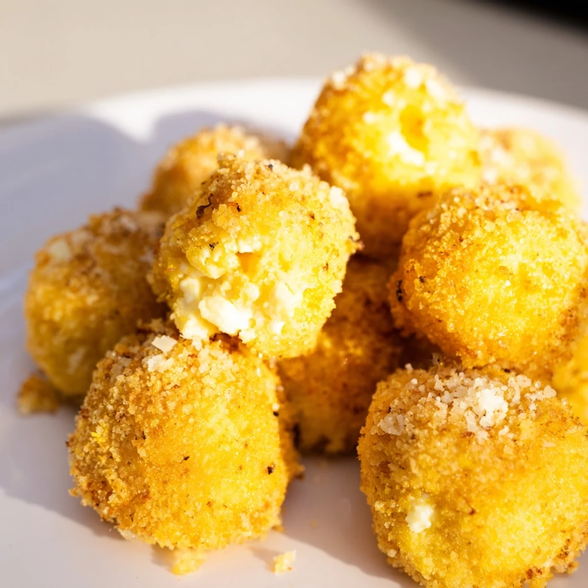 Golden brown Crispy Cottage Cheese Treats are shown on a white plate, ready for dipping.