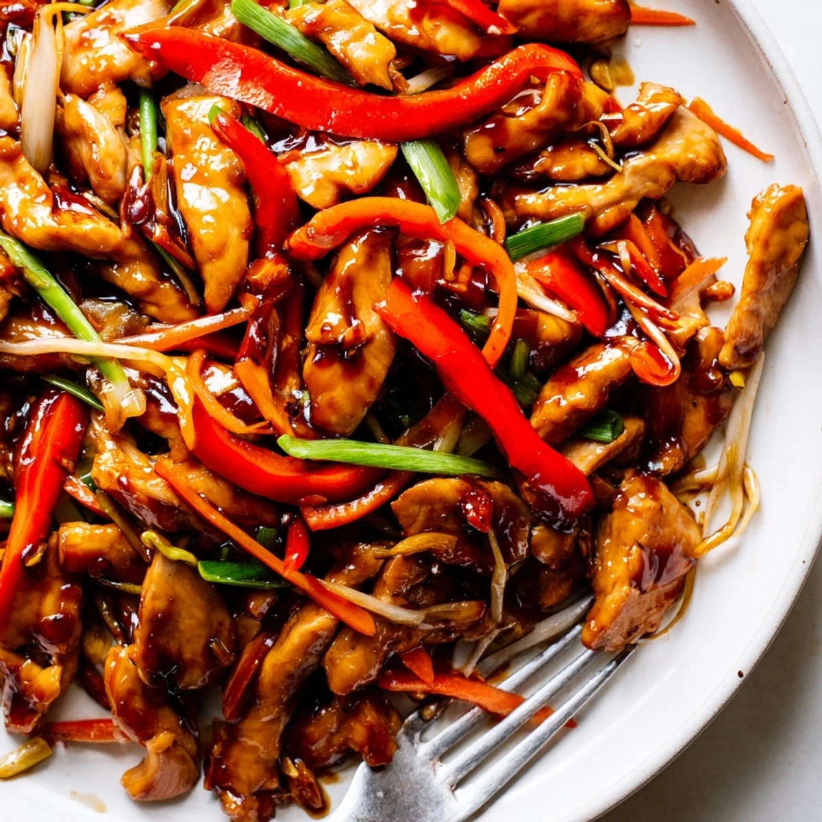 Peking Style Chicken is served hot and garnished with scallions over steamed jasmine rice on a plate.