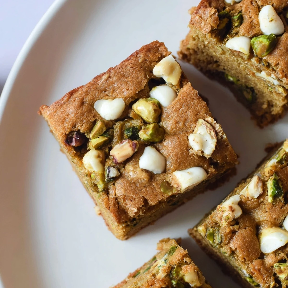 A close-up of chewy pistachio blondies studded with green nuts and white chocolate chips.