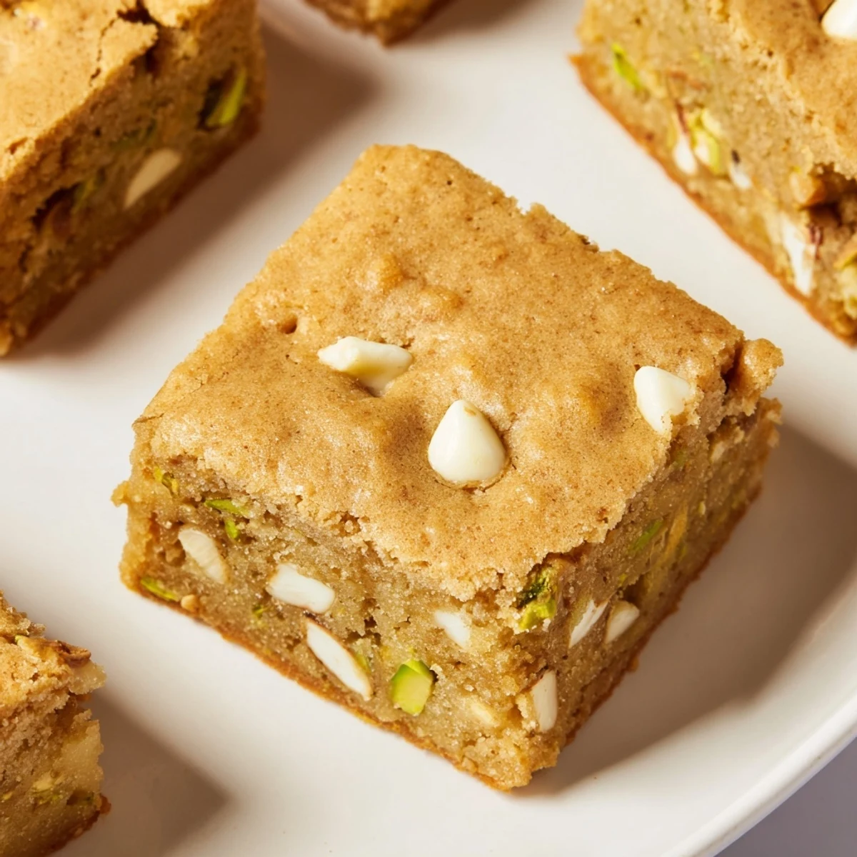 Golden brown pistachio blondies with toasted nuts, cooling on a wire rack after baking.