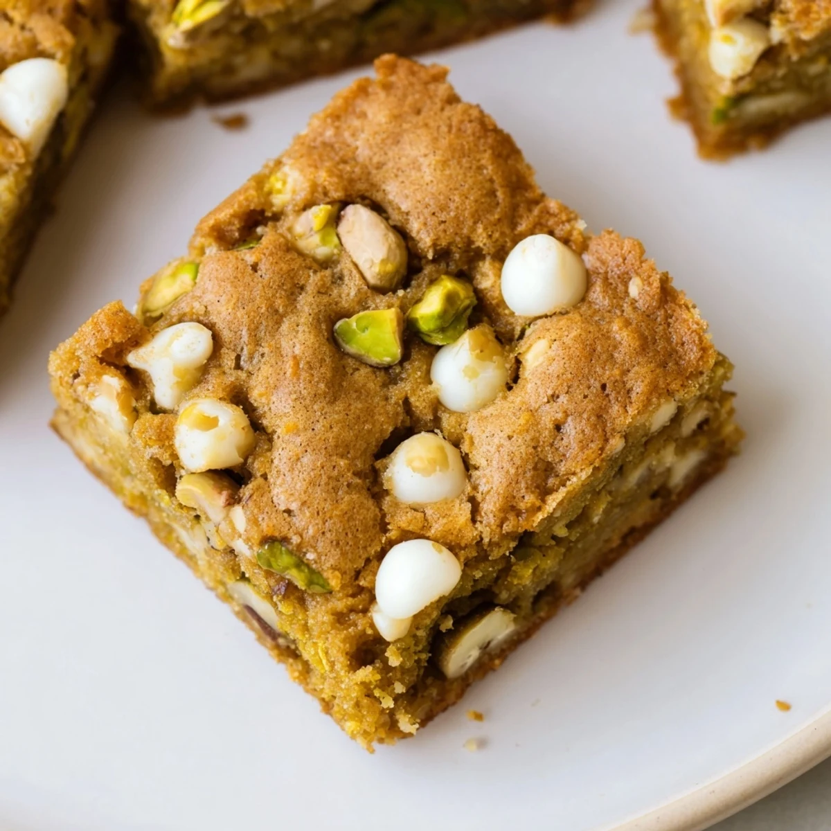 Warm pistachio blondies sliced into squares, ready to serve with a scoop of vanilla ice cream.