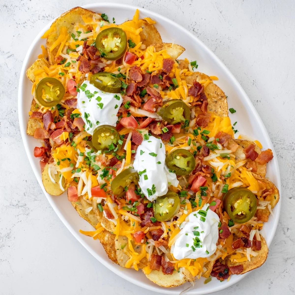 A close-up of Irish Nachos with golden baked russet potatoes, fresh diced tomatoes, and optional jalapeños on a rustic serving platter.