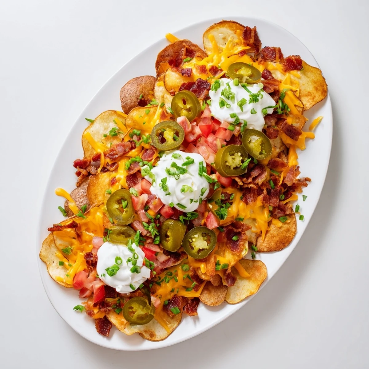 Crispy potato slices loaded with melted cheddar cheese and bacon, topped with sour cream and green onions, showcasing Irish Nachos.