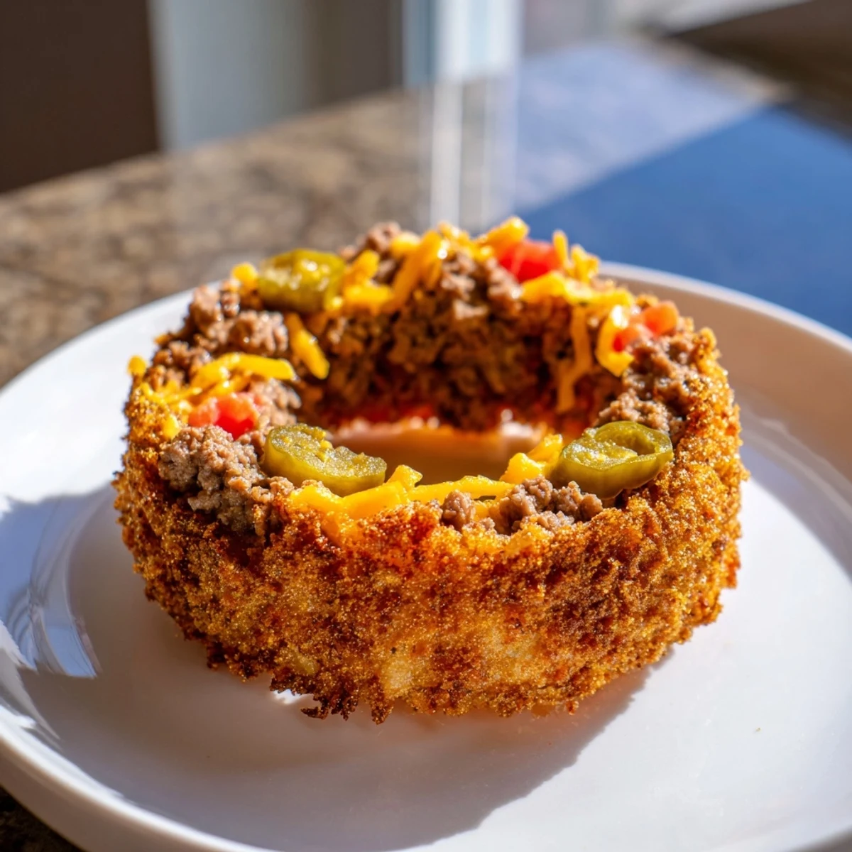 Golden crispy Cheeseburger Onion Ring Roll filled with seasoned beef and melted cheddar on a white plate.  
