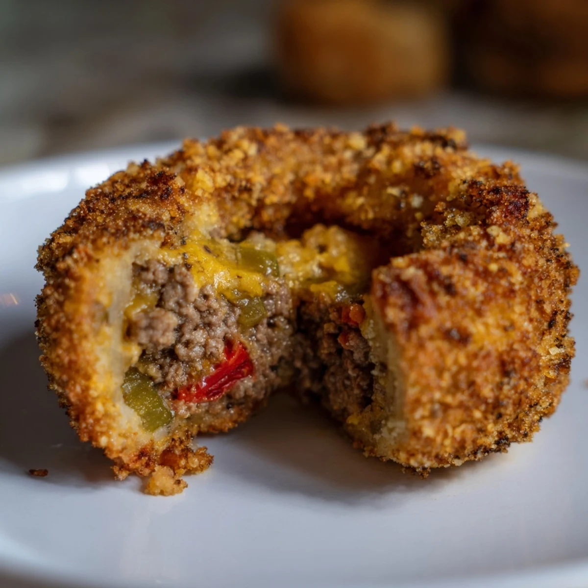 A plate of Cheeseburger Onion Ring Roll with pickles and mustard sauce for dipping.  
