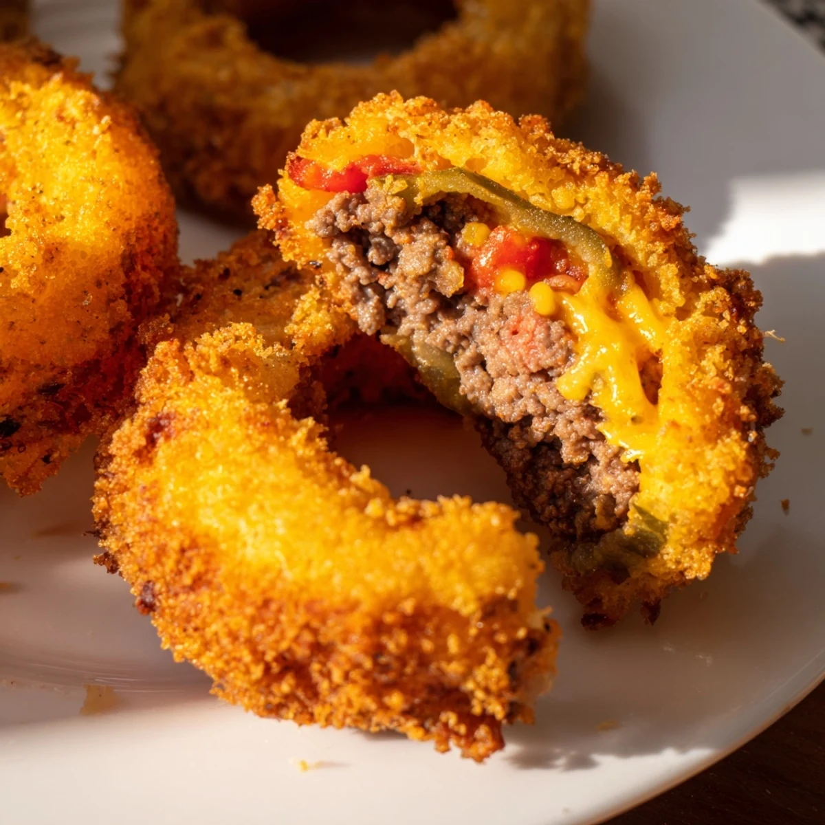 Close-up of a Cheeseburger Onion Ring Roll showing its crunchy panko crust and juicy interior.