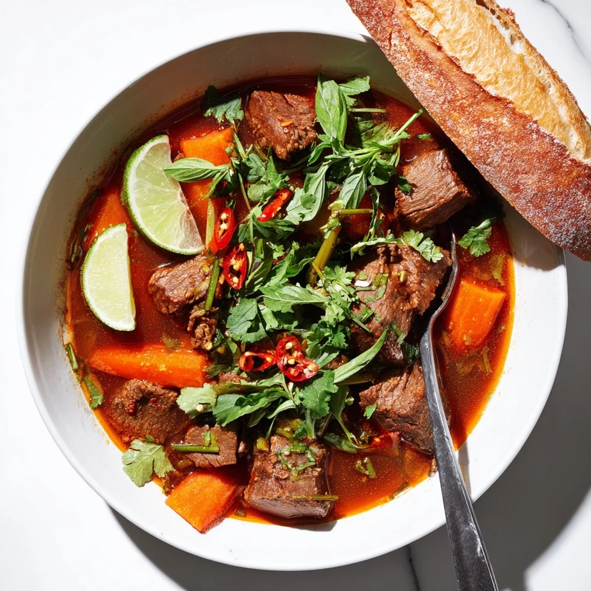 Close-up of aromatic Bo Kho simmering in pot, highlighting lemongrass and star anise in rich broth.