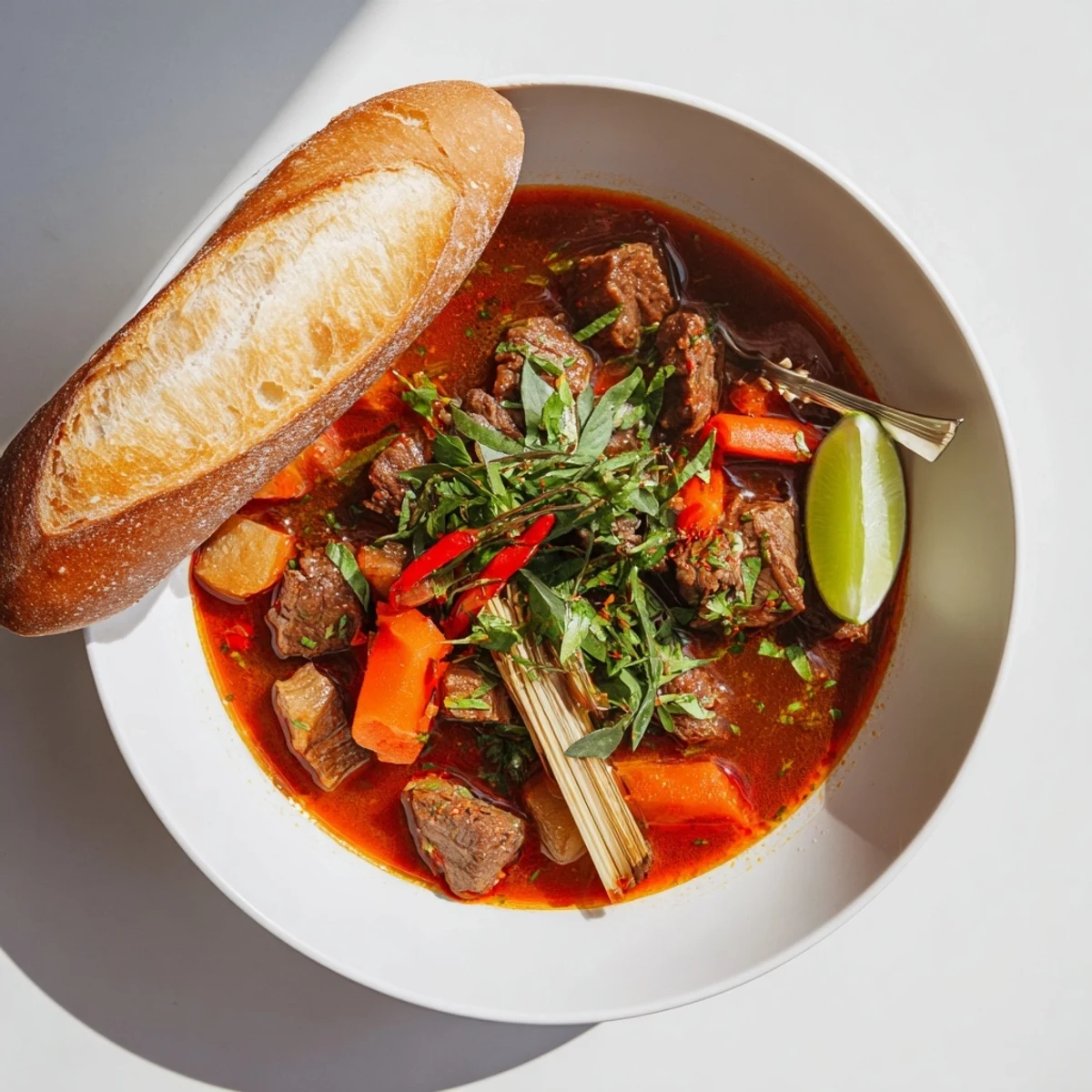 Steaming bowl of Bo Kho stew with tender beef and carrots, served with crusty bread and fresh herbs.