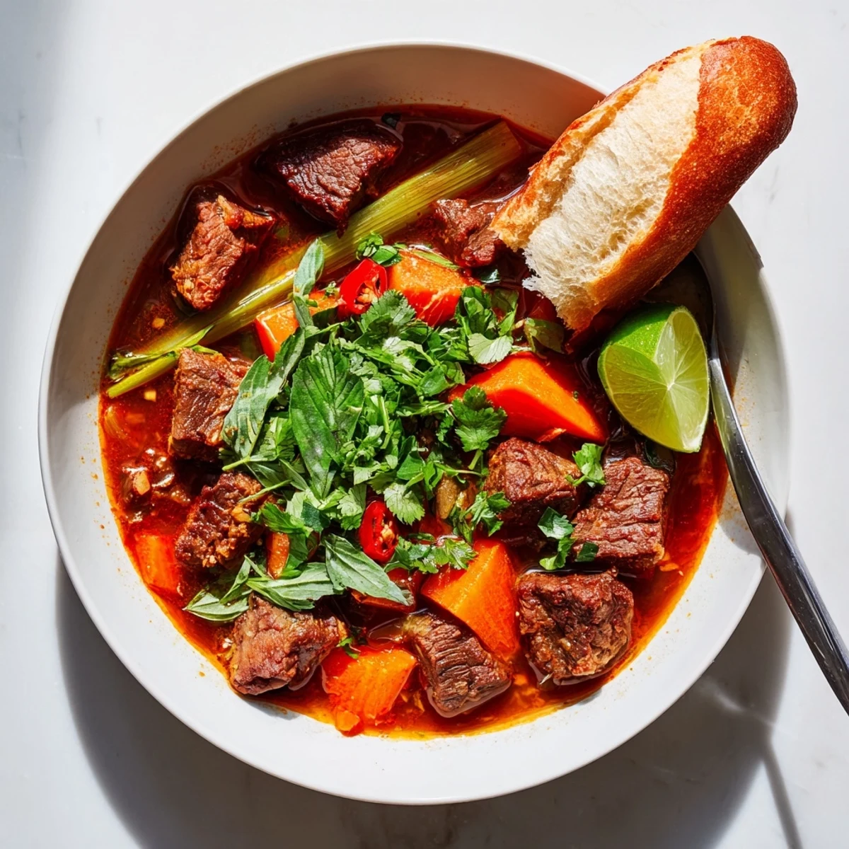 Hearty Vietnamese Bo Kho stew garnished with cilantro and lime, ready to serve with rice noodles.