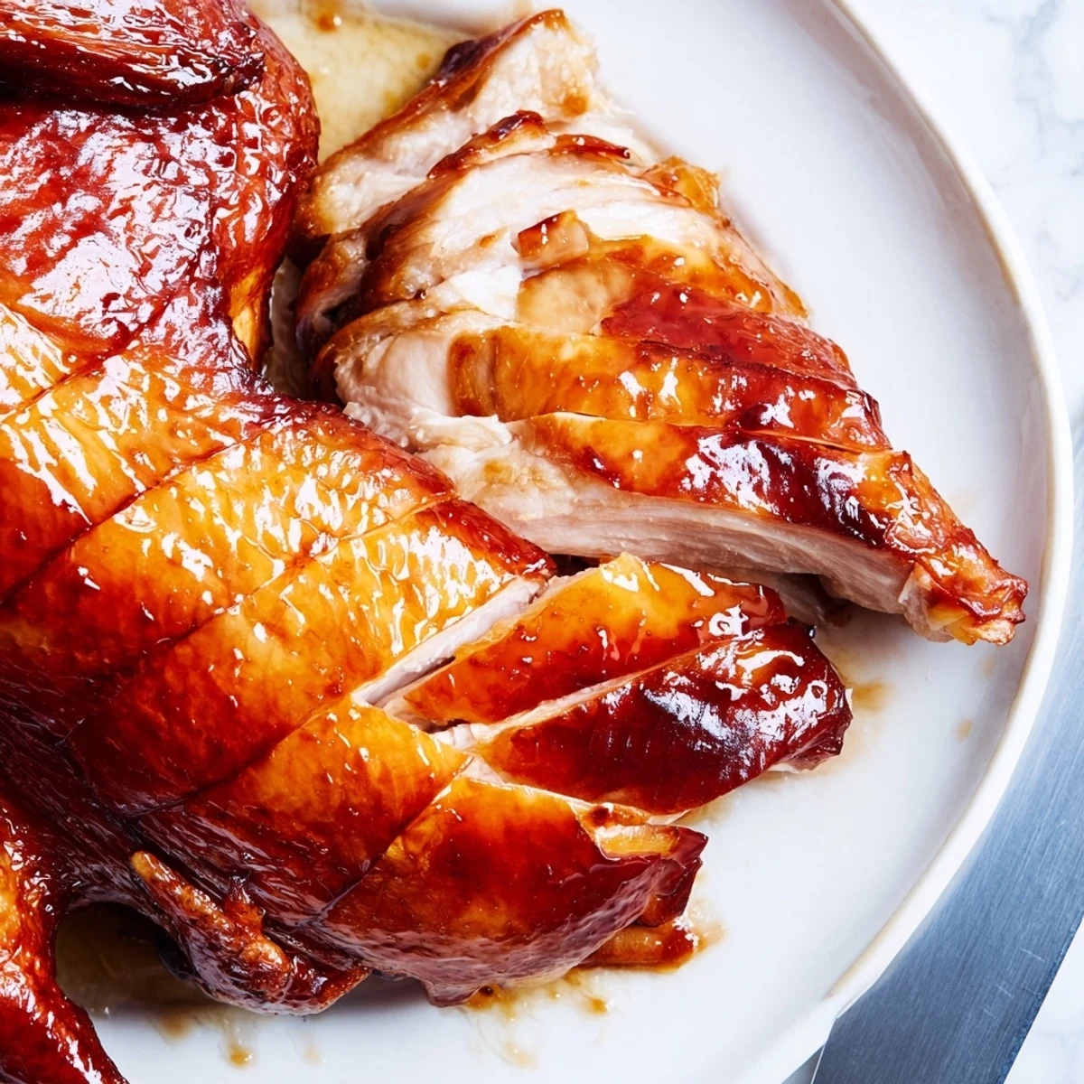 Golden-brown Shandong Roast Chicken with crispy skin rests on a cutting board beside a small bowl of savory dipping sauce.