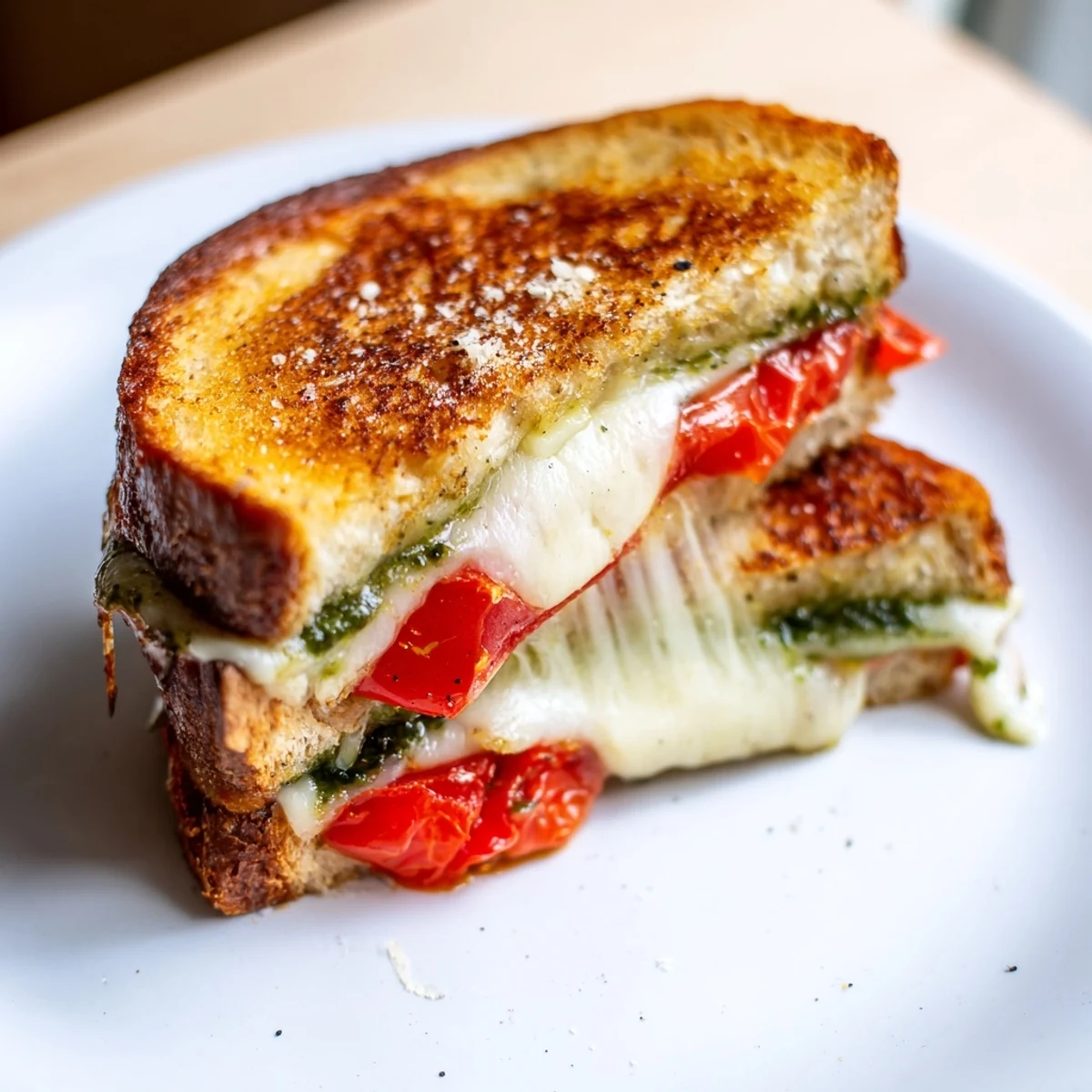 A golden, crispy Best Pesto Grilled Cheese sandwich oozes with melted mozzarella on a wooden board.