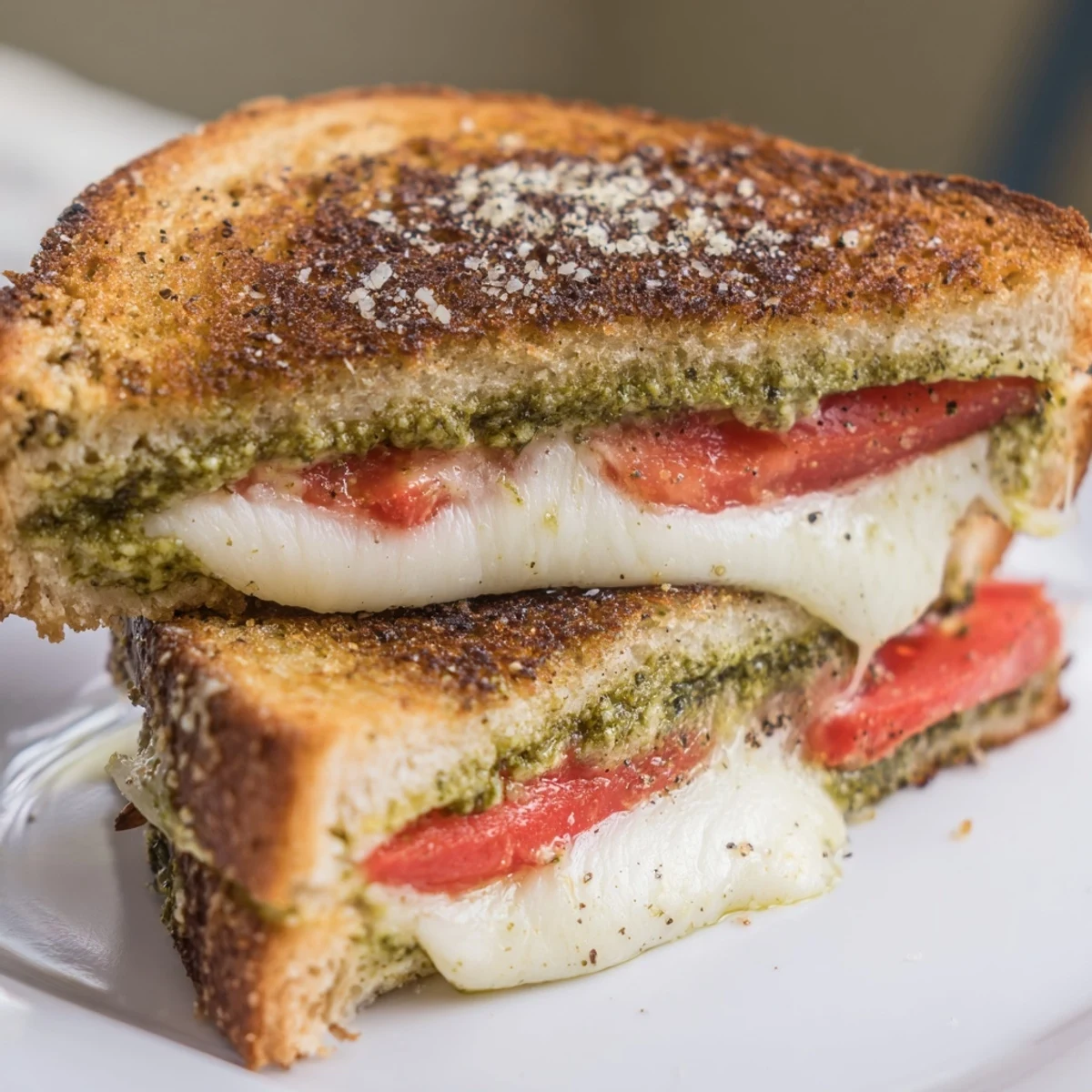 Close-up of a Best Pesto Grilled Cheese with vibrant green pesto and melted cheese pull.