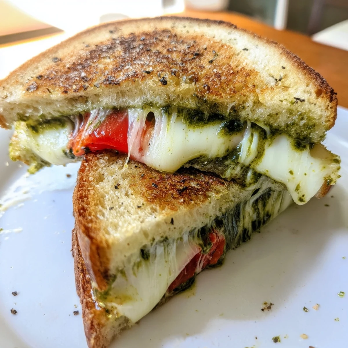 A warm Best Pesto Grilled Cheese sandwich served next to a creamy bowl of tomato soup.