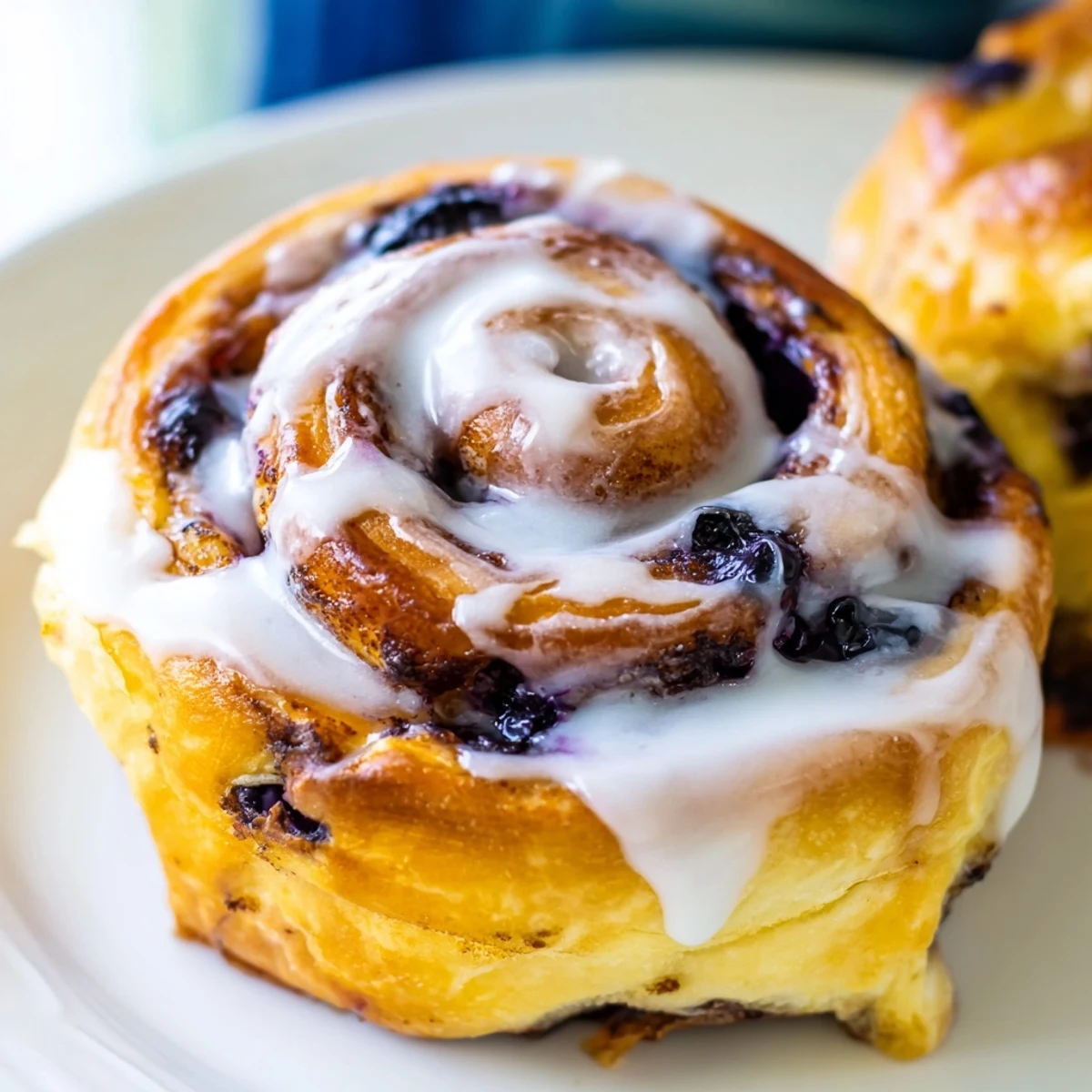Golden-brown Blueberry Cinnamon Rolls fresh from the oven, drizzled with creamy vanilla glaze on a rustic wooden table.  