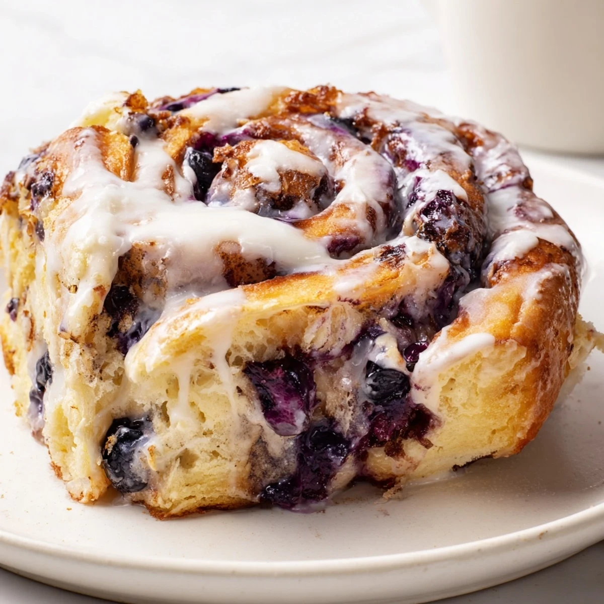 Warm Blueberry Cinnamon Rolls on a serving platter with a cup of coffee, perfect for a cozy American breakfast.