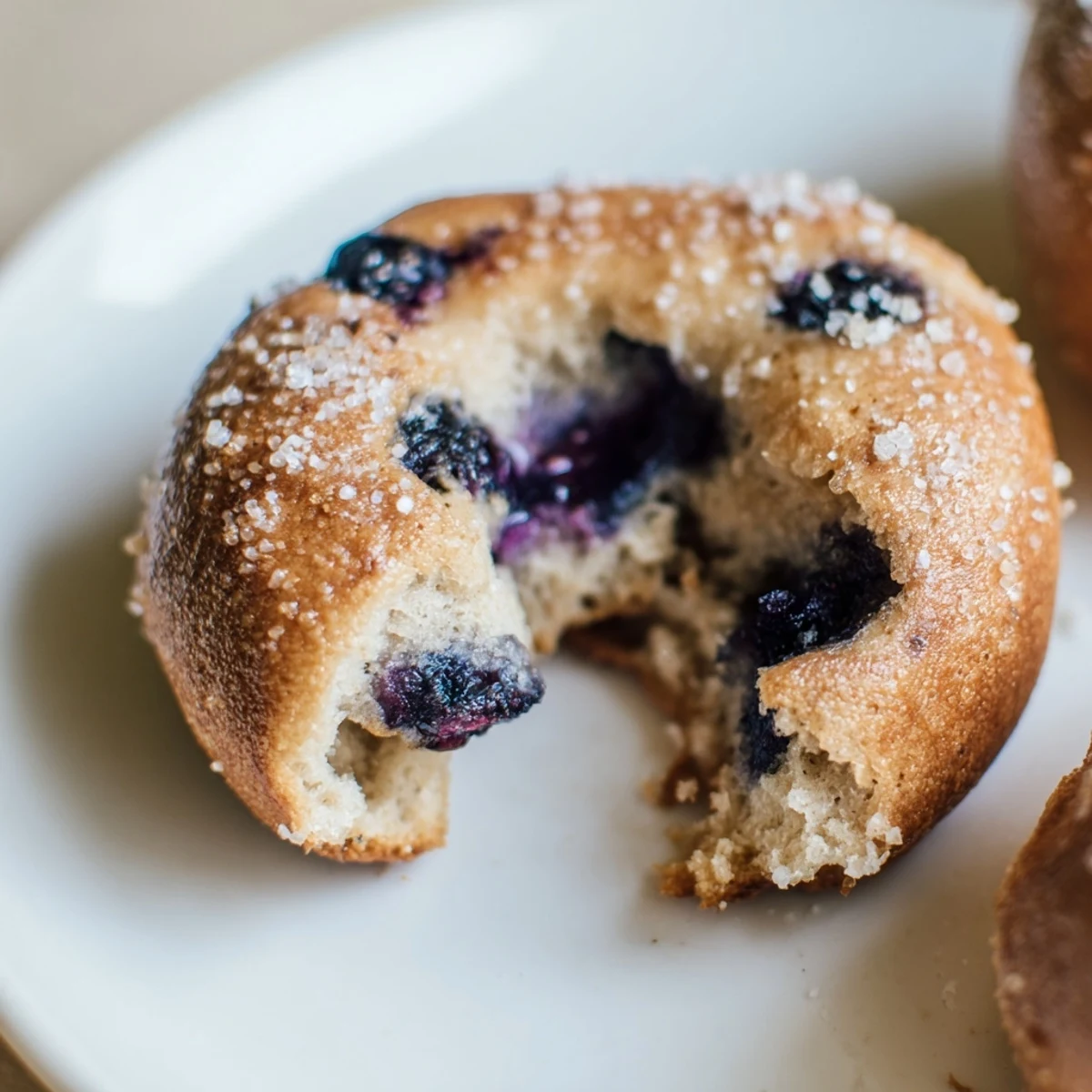 Homemade Gluten-Free Blueberry Bagels with a chewy interior, studded with plump blueberries on a rustic table.