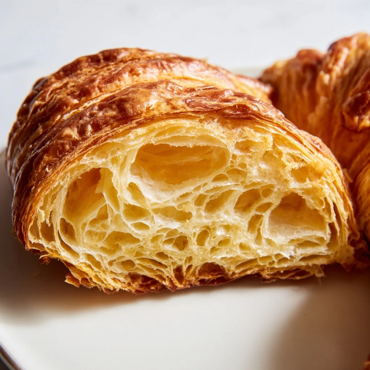 Freshly baked gluten-free croissants show golden, flaky layers on a rustic wooden board with jam.