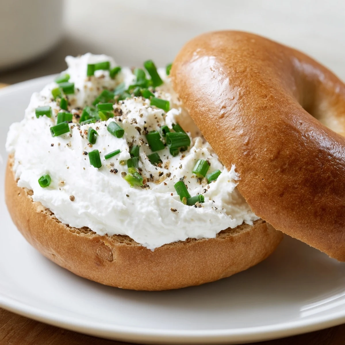 Freshly baked Protein Bagels with Cottage Cheese sit golden-brown on a wooden cutting board, topped with creamy cottage cheese and fresh chives.