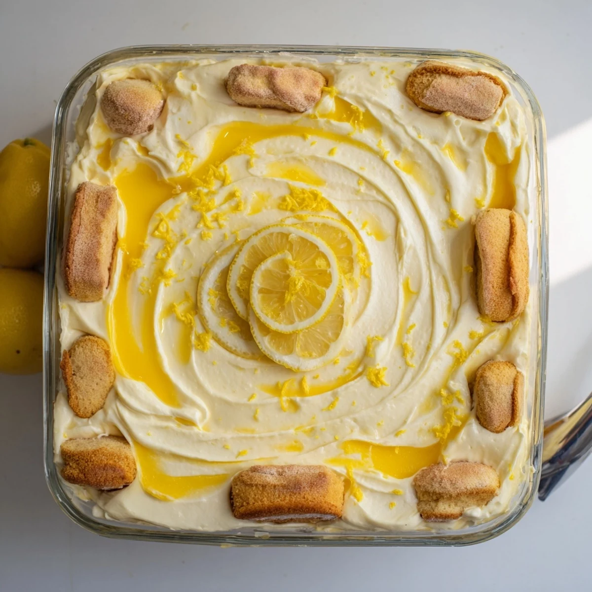 A close-up of the Lemon Limoncello Italian Tiramisu, highlighting creamy mascarpone and zesty lemon curd layers.