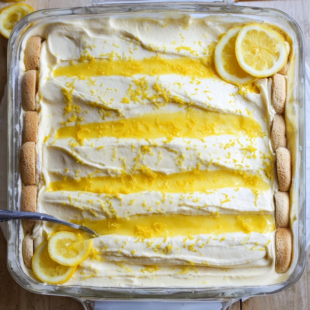 A slice of the Lemon Limoncello Italian Tiramisu is lifted from the pan, revealing soaked ladyfingers.
