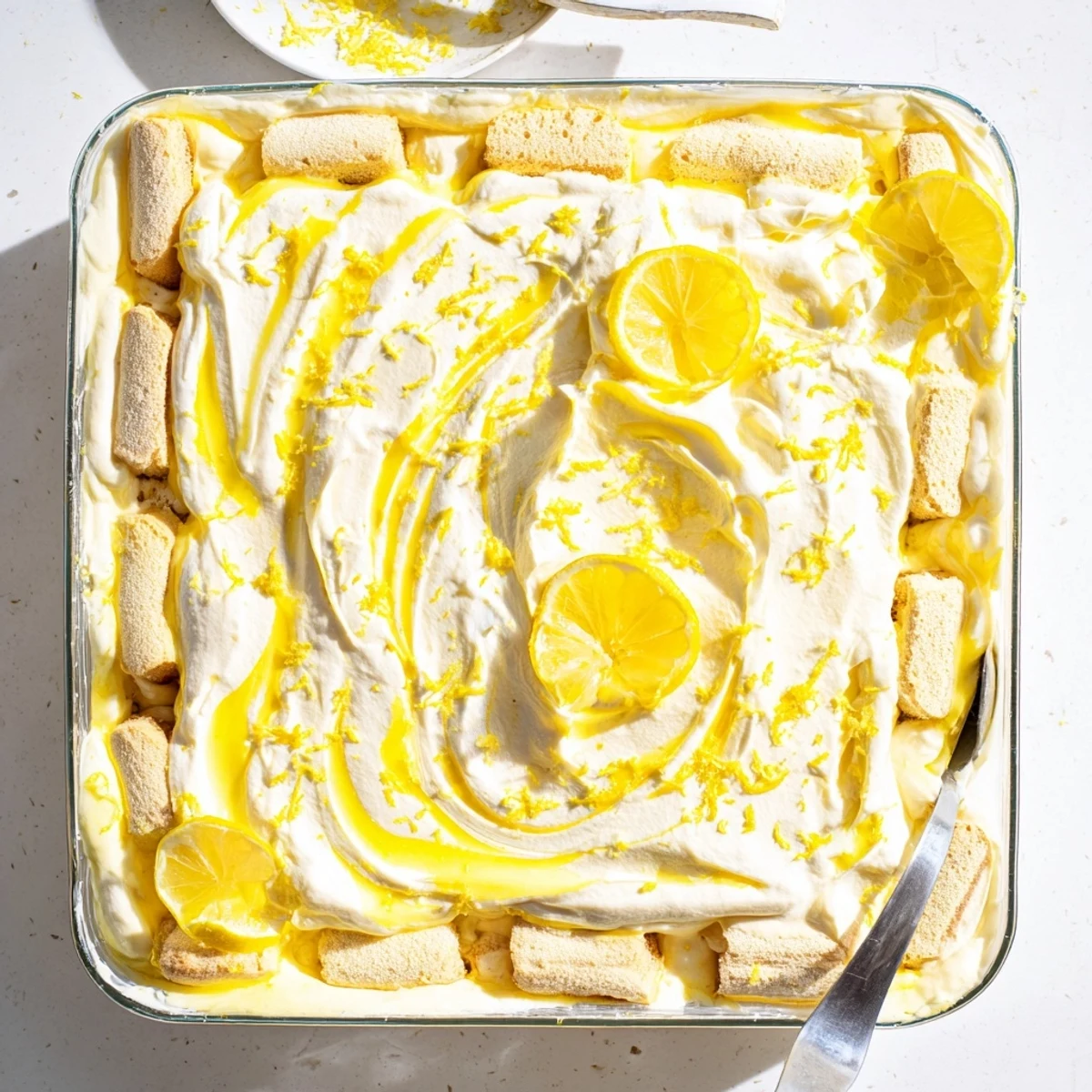 The Lemon Limoncello Italian Tiramisu sits in a glass dish, garnished with fresh lemon slices and zest.