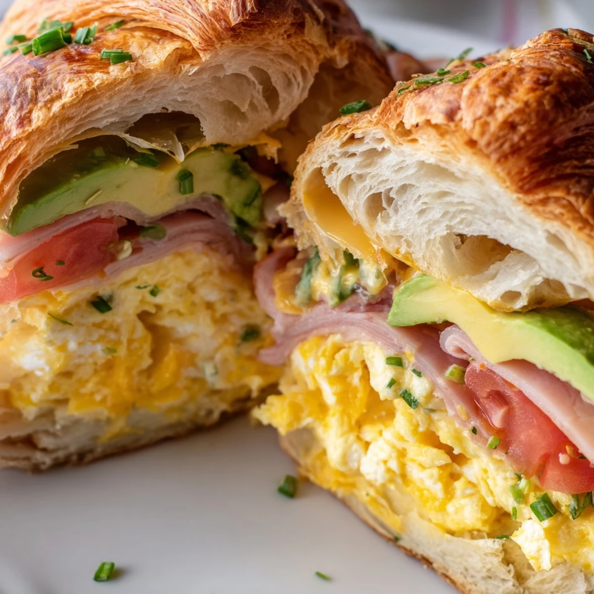 Flaky Croissant Breakfast Sandwich with scrambled eggs, ham, and melted cheese on a plate.