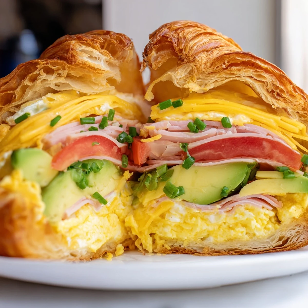 Warm Flaky Croissant Breakfast Sandwich served with tomato and a side of coffee.
